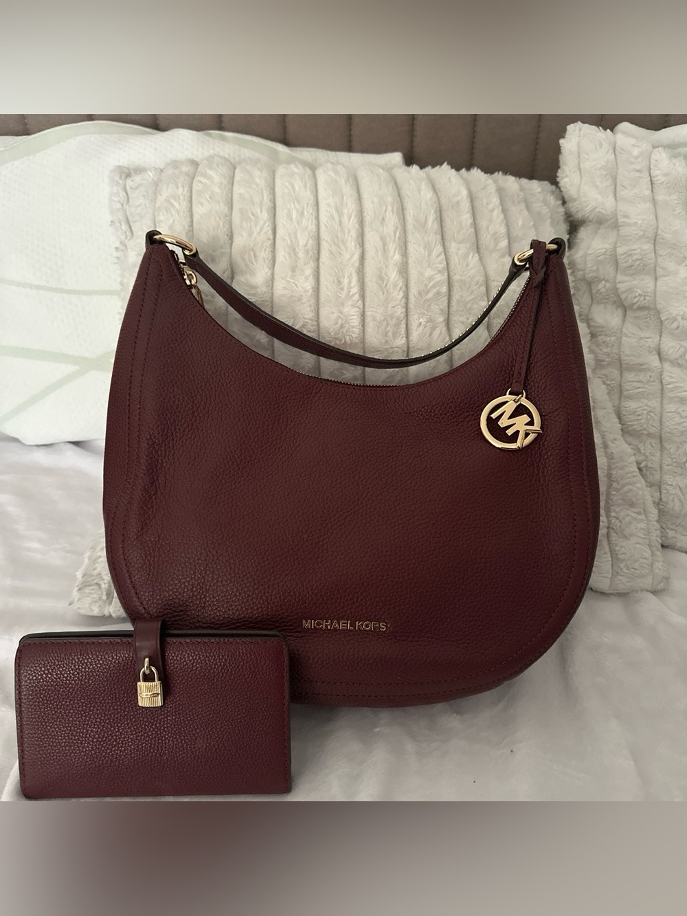 Michael Kors Burgundy Pebbled Leather Hobo with Gold Accents and Matching Wallet